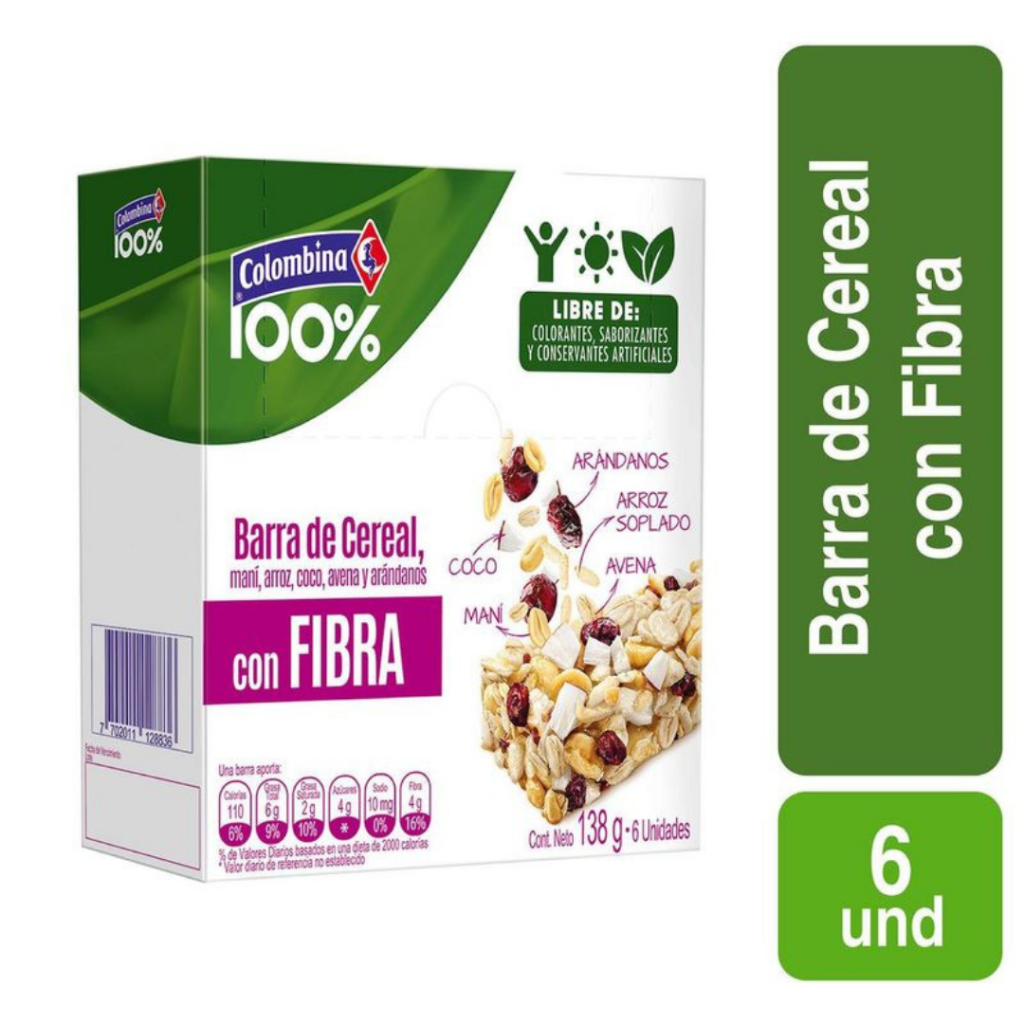 BARRA DE CEREAL CON FIBRA COLOMBINA 100 % *6und *138gr - Confiteria El Puma